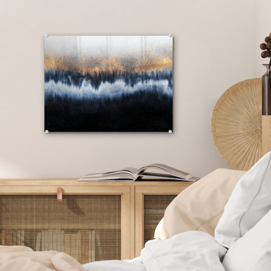MuchoWow® Peinture sur verre 40x30 cm - Peinture sur verre acrylique - Abstrait - Or - Luxe - Blauw - Photo sur verre - Décoration murale salon - Décoration murale chambre - Peintures