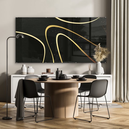 MuchoWow® Peinture sur verre 160x80 cm - Peinture sur verre acrylique - Vagues dorées sur fond noir - Photo sur verre - Peintures