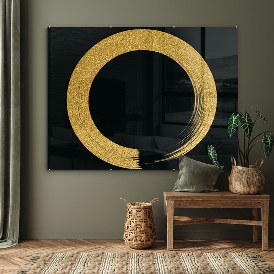 MuchoWow® Peinture sur verre 160x120 cm - Peinture sur verre - Cercle de paillettes dorées sur fond noir - Photo sur verre acrylique - Peintures