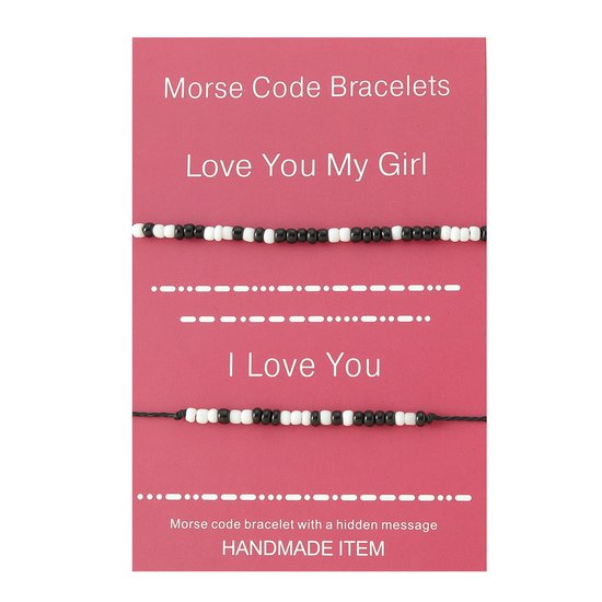 Koppel Armbandjes met "Love you my Girl" in Morse Code - Zwarte Bandjes - Vriendschapsarmbandjes op Cadeau kaartje - Pax Amare