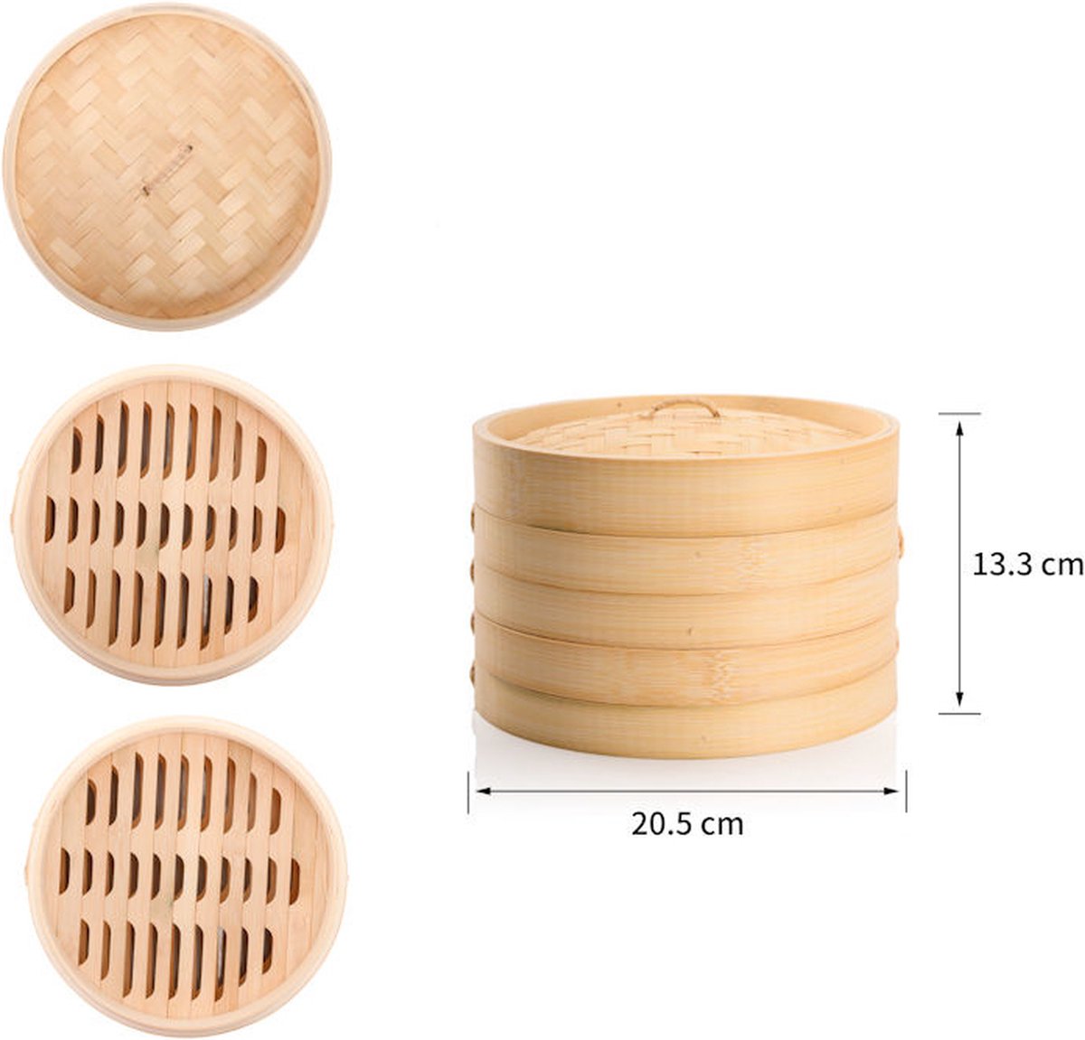 3 Delig Stoommandje met deksel - Ø20.5 Cm - Bamboe - Rijst Stoommanden - Stomer Steamer Cooker - Dim Sum Stoomschaal — cadeau in Kookcadeaus - foto 5