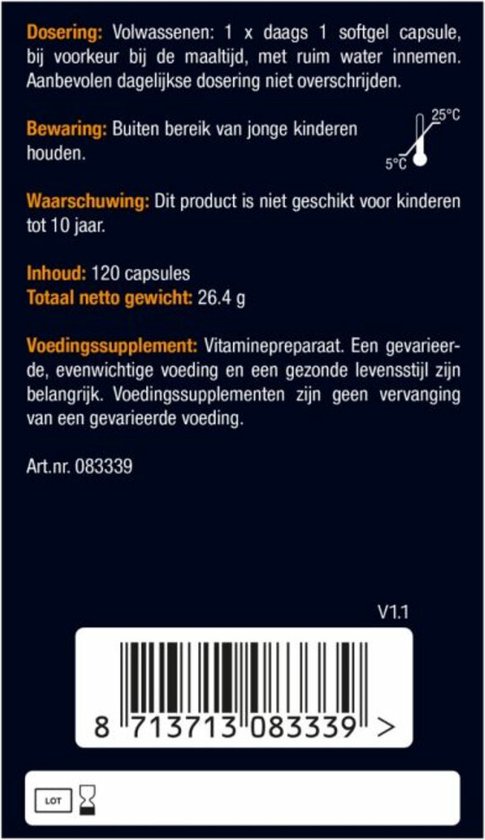 Achterkant van de verpakking met dosering, bewaren, waarschuwing, inhoud en barcode. "Art.nr. 083339".