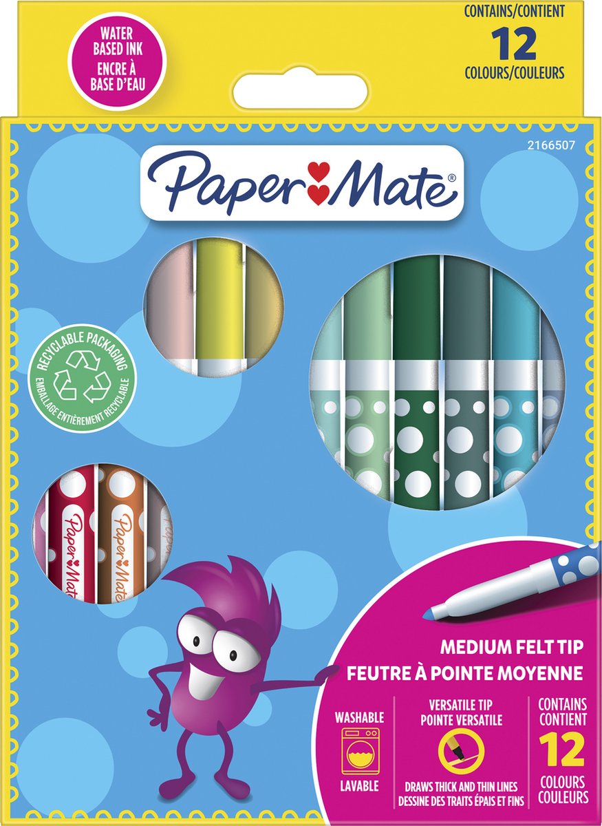 Paper Mate uitwasbare kinderviltstiften | Geweldig voor kinderen om te kleuren | Medium punt | Verschillende heldere kleuren | 12 stuks