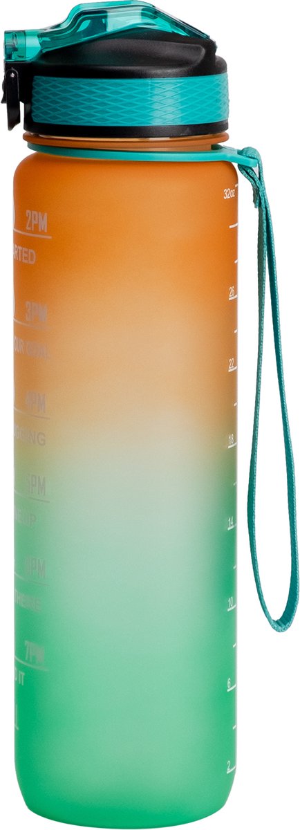 Motivatie Waterfles - Oranje/Groen - 1 Liter Drinkfles - Waterfles met Rietje - Waterfles met tijdmarkering - BPA Vrij - Volwassenen - Kinderen - Met Box-On Hydration Challenge