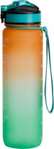 Bol.com Motivatie Waterfles - Oranje/Groen - 1 Liter Drinkfles - Waterfles met Rietje - Waterfles met tijdmarkering - BPA Vrij -... aanbieding