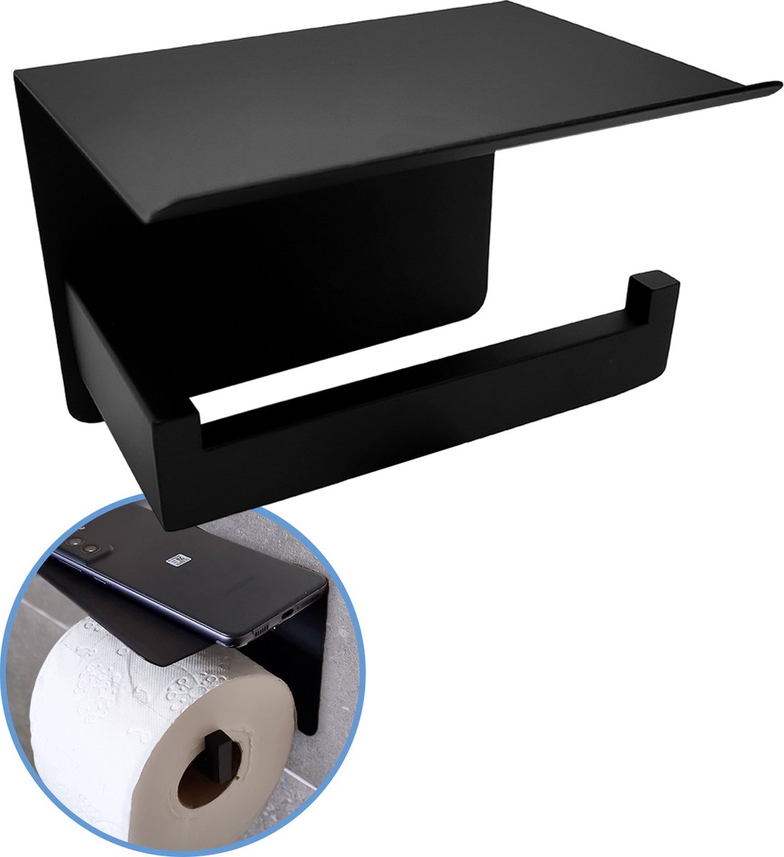 Sanics WC Rolhouder Zwart – Toiletrolhouder zonder Boren – WC Papier Houder Met Plankje - Zelfklevend - RVS