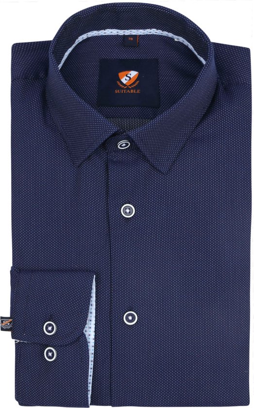 Suitable - Overhemd Melange Donkerblauw - Heren - Maat 40 - Slim-fit