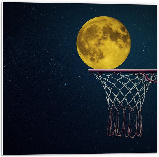 PVC Schuimplaat - Maan met Gele Gloed in Basketbal Net - 50x50 cm Foto op PVC Schuimplaat (Met Ophangsysteem)