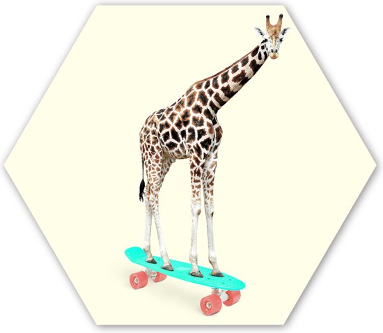Hexagon wanddecoratie - Kunststof Wanddecoratie - Hexagon Schilderij - Giraffe - Patroon - Skateboard - Roze - Dieren - 120x103 cm