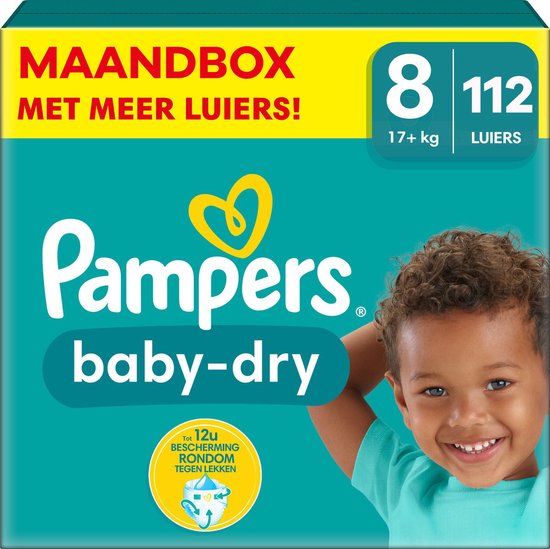 Pampers baby-dry maandbox maat 8 met 112 luiers, voor 17+ kg.