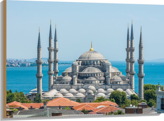 Hout - Sultan Ahmet Moskee aan de Zee van Turkije - 100x75 cm - 9 mm dik - Foto op Hout (Met Ophangsysteem)
