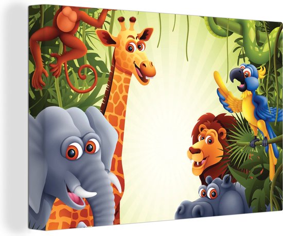 Canvas Schilderij Jungle - Jongens - Meiden - Baby - Olifant - Leeuw - Giraf - 120x80 cm - Wanddecoratie