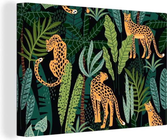 Canvas Schilderij Jungle - Panter - Patronen - Jongens - Meiden - Planten - 60x40 cm - Wanddecoratie