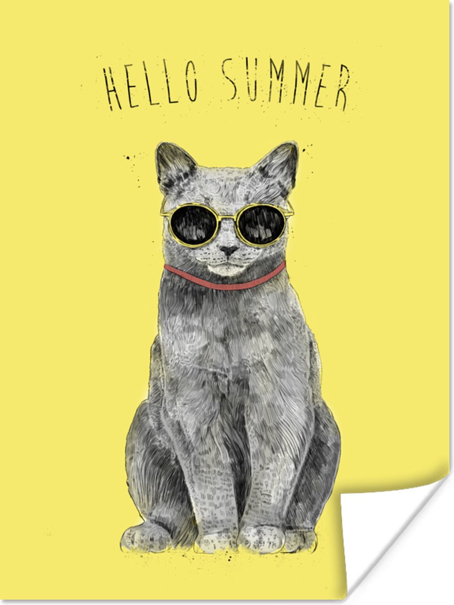 Poster Hello summer - Kat - Bril - Geel - 60x80 cm