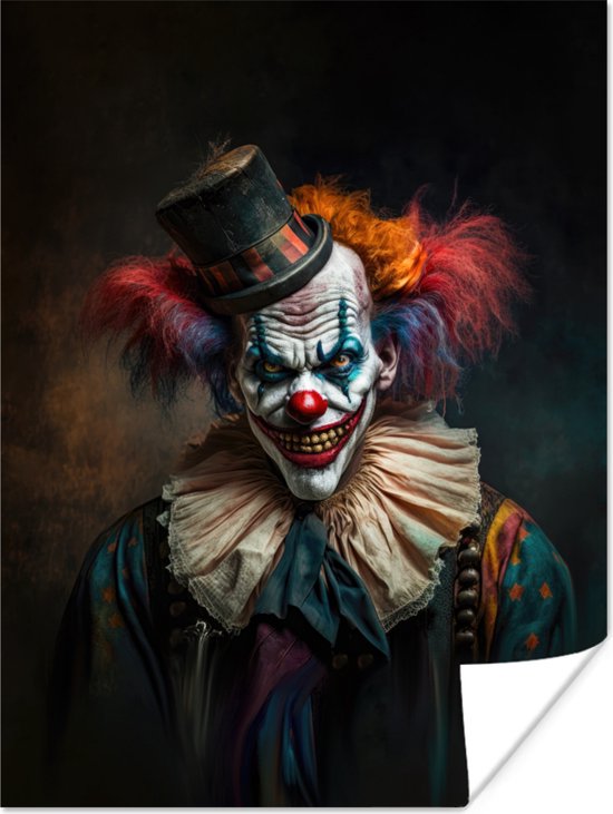 Poster Clown - Chapeau - Collier - Portrait - Clown tueur - 90x120 cm