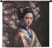 Wandkleed - Wanddoek - Vrouw - Sakura - Kimono - Aziatisch - Portret - 60x60 cm - Wandtapijt