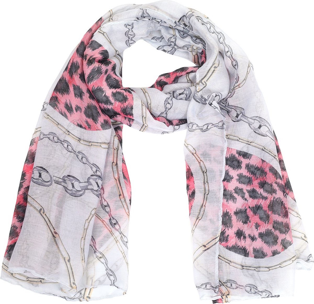 Sjaal met Panterprint - 180x70 cm - Grijs en Roze