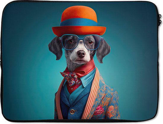 Foto: Laptophoes 17 inch hond colbert bloemen portret blauw laptop sleeve binnenmaat 42 5x30 cm zwarte achterkant