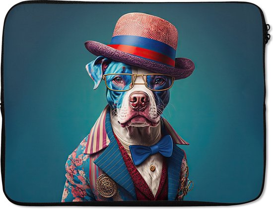 Foto: Laptophoes 15 6 inch hond hoed colbert bloemen blauw laptop sleeve binnenmaat 39 5x29 5 cm zwarte achterkant