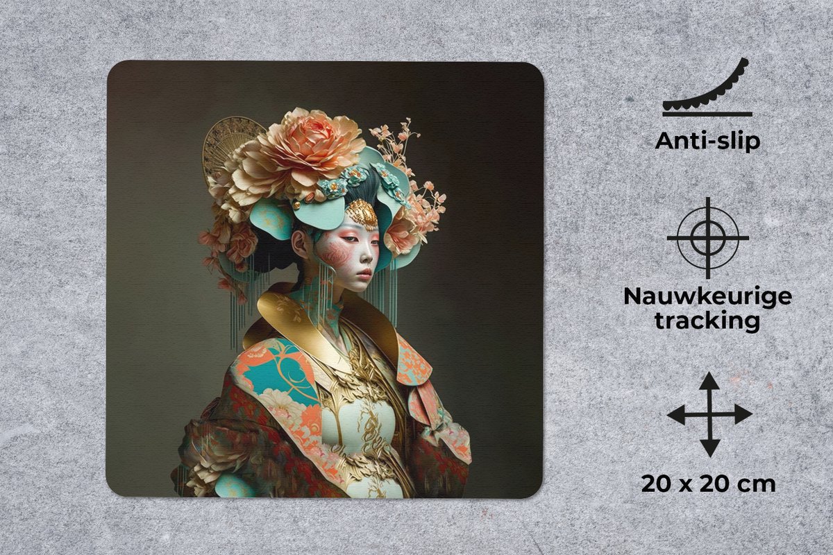 Muismat 20x20 cm - Mousepad Vrouw - Bloemen - Oranje - Portret - Asian - Muismatten