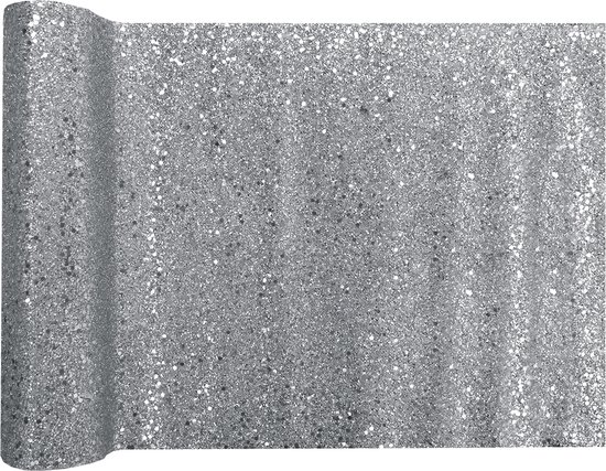 Santex Glitter Tafelloper op rol - zilver - 28 x 300 cm - polyester