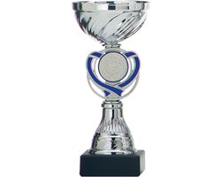 Trofee/prijs beker - zilver - blauw hart - kunststof - 15 x 7 cm - sportprijs