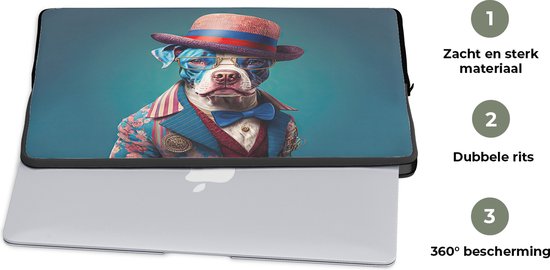 Housse ordinateur 17 pouces - Chien - Chapeau - Veste - Fleurs - Blauw - Housse ordinateur - Dimensions intérieures 42,5x30 cm