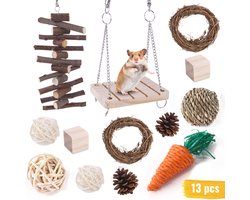 Knaagdieren Speelgoed Set - 13-delige Houten Speeltjes voor Hamsters, Cavia’s, Muizen, Ratten & Gerbils - Interactief Speelgoed voor Kooi - Natuurlijk en Veilig - Anti-verveel Pakket