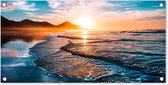 Tuinposter Zonsondergang - Zee - Berg - Horizon - Landschap - Blauw - 80x40 cm - Wanddecoratie Buiten - Tuinposter - Tuindoek - Schuttingposter - Tuinschilderij