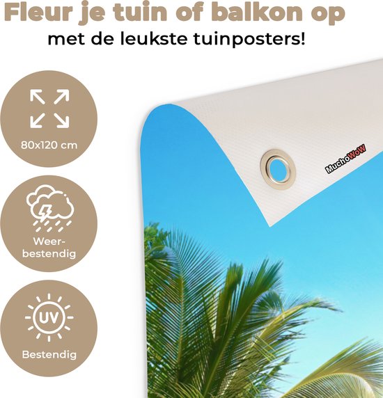 Tuinposter 80x120 cm - Tuindecoratie Zee - Palmboom - Strand - Tropisch - Blauw - Groen - Poster voor in de tuin - Buiten decoratie - Schutting tuinschilderij - Tuindoek muurdecoratie - Wanddecoratie balkondoek