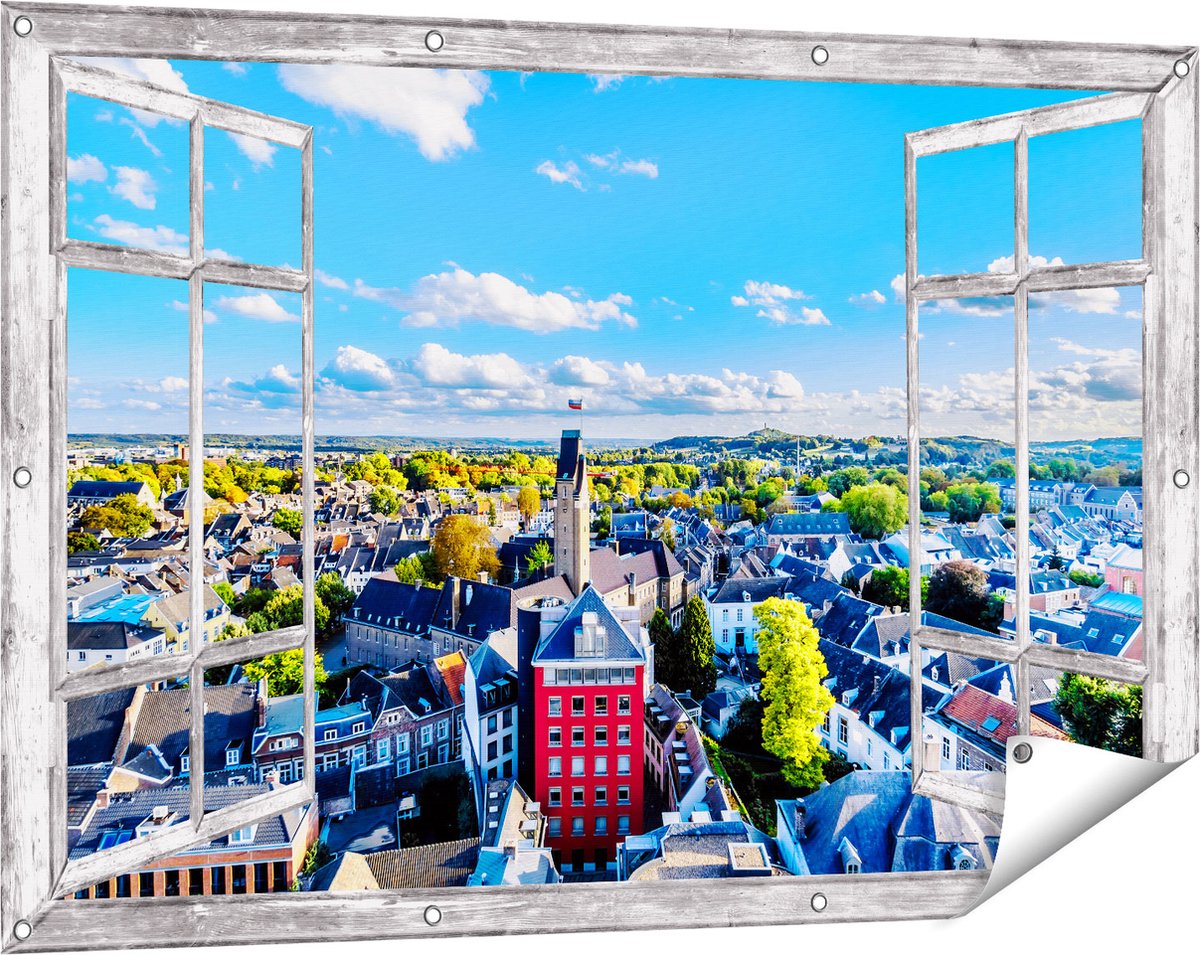Gards Tuinposter Doorkijk Maastricht Stad met Huizen - 120x80 cm - Tuindoek - Tuindecoratie - Wanddecoratie buiten - Tuinschilderij Grijs