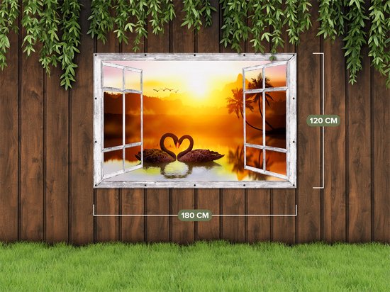 Gars Affiche de jardin Transparente Deux Cygnes Noirs en Forme de Coeur - 180x120 cm - Toile jardin - Décoration de jardin - Décoration murale extérieur - Tableau jardin