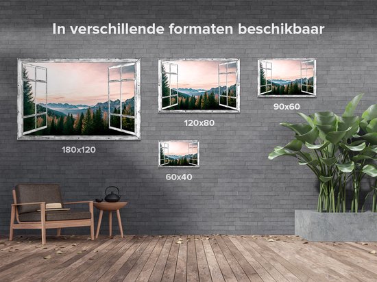 Gards Tuinposter Doorkijk Bos met Bomen bij Bergen Landschap - 90x60 cm - Tuindoek - Tuindecoratie - Wanddecoratie buiten - Tuinschilderij