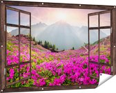 Gards Tuinposter Doorkijk Rhododendron Bloemenveld in de Alpen - 150x100 cm - Tuindoek - Tuindecoratie - Wanddecoratie buiten - Tuinschilderij