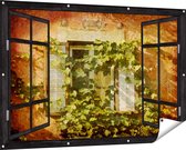 Gards Tuinposter Doorkijk Raam met Luiken - 150x100 cm - Tuindoek - Tuindecoratie - Wanddecoratie buiten - Tuinschilderij