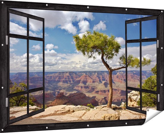 Gards Tuinposter Doorkijk Grand Canyon met Boom - 180x120 cm - Tuindoek - Tuindecoratie - Wanddecoratie buiten - Tuinschilderij