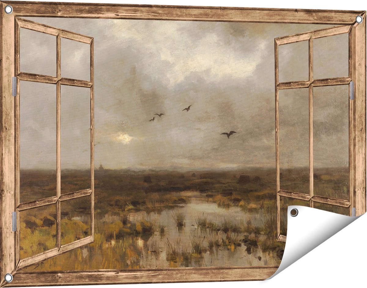Gards Tuinposter Doorkijk Het Moeras - Anton Mauve - 90x60 cm - Tuindoek - Tuindecoratie - Wanddecoratie buiten - Tuinschilderij licht bruin
