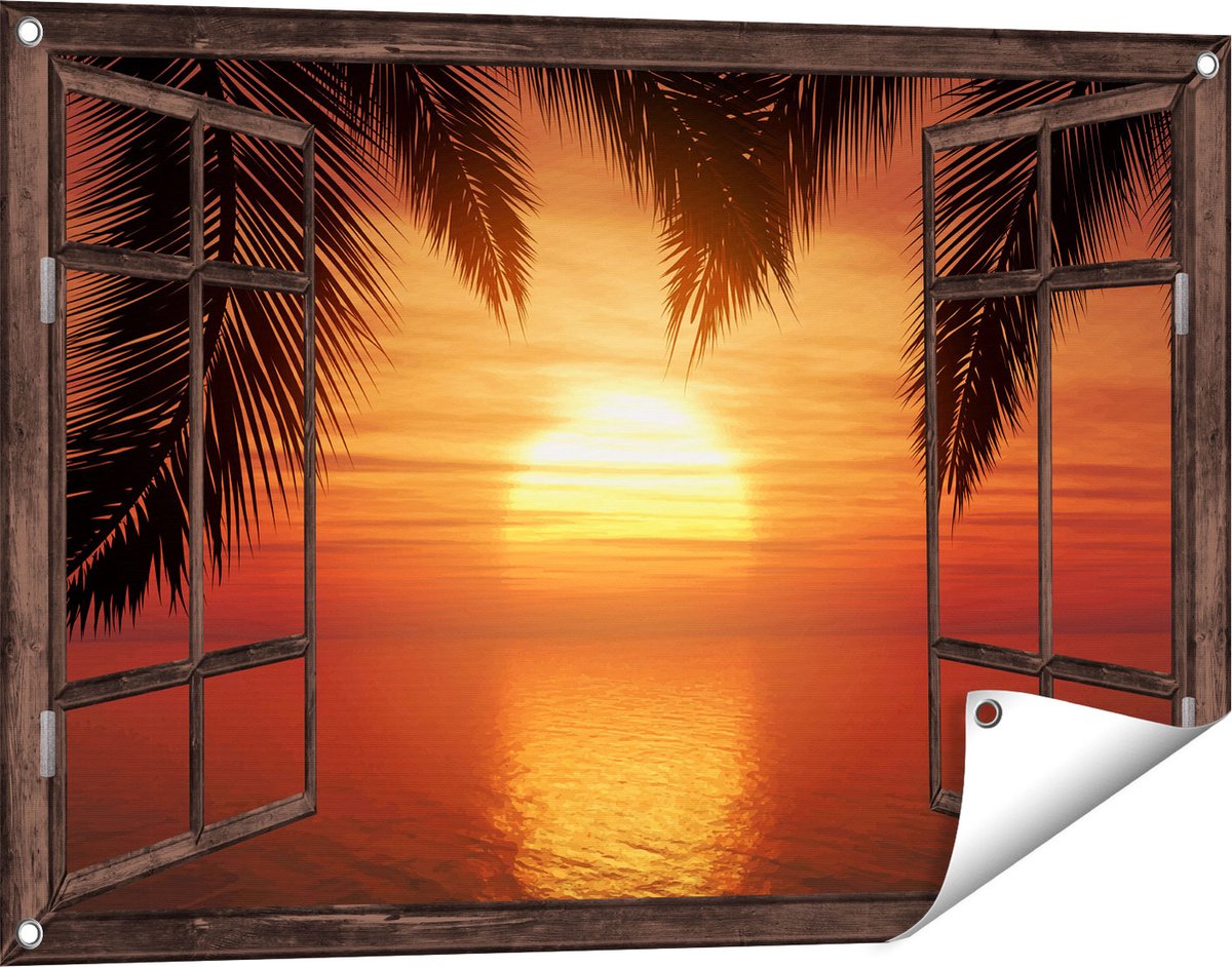 Gards Tuinposter Doorkijk Zonsondergang op het Strand met Palmbomen - 90x60 cm - Tuindoek - Tuindecoratie - Wanddecoratie buiten - Tuinschilderij donker bruin