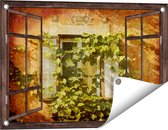 Gards Tuinposter Doorkijk Raam met Luiken - 60x40 cm - Tuindoek - Tuindecoratie - Wanddecoratie buiten - Tuinschilderij