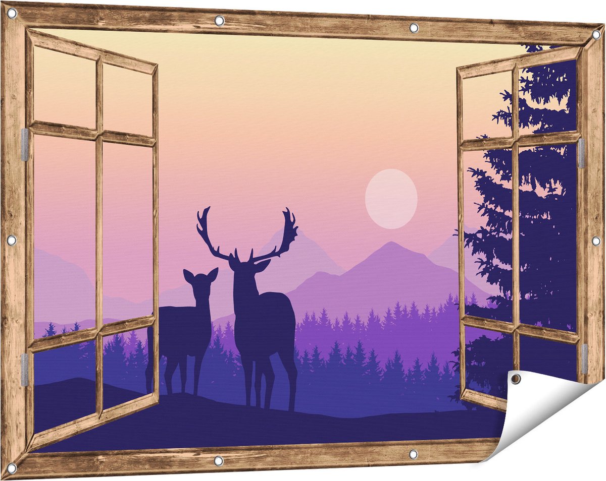 Gards Tuinposter Doorkijk Twee Herten - Zonsondergang - Silhouet - 120x80 cm - Tuindoek - Tuindecoratie - Wanddecoratie buiten - Tuinschilderij Licht bruin