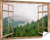 Gards Tuinposter Doorkijk Groen Bos met Bomen tijdens de Mist - 150x100 cm - Tuindoek - Tuindecoratie - Wanddecoratie buiten - Tuinschilderij