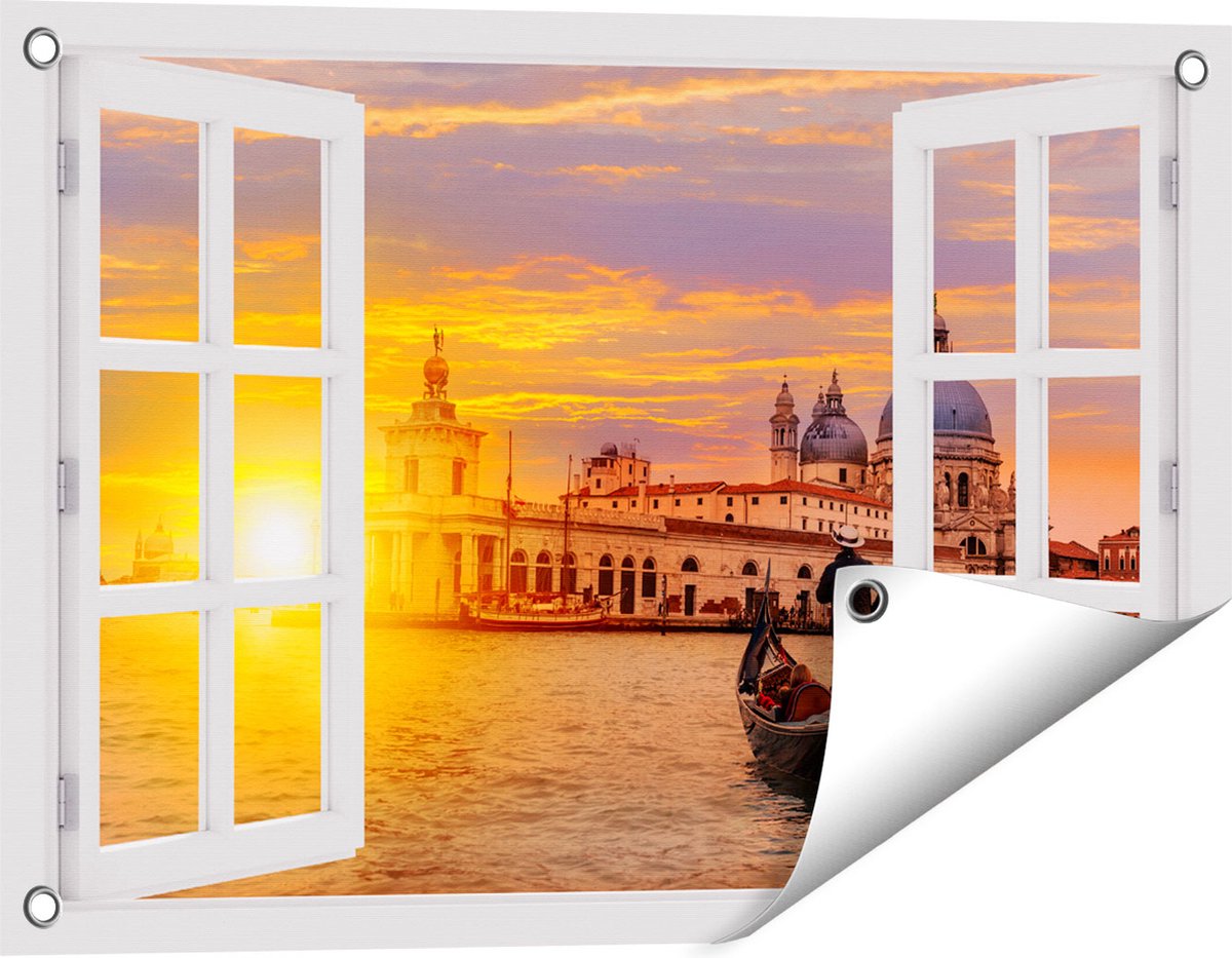 Gards Tuinposter Doorkijk Gondel in Venetië voor het Basiliek - 60x40 cm - Tuindoek - Tuindecoratie - Wanddecoratie buiten - Tuinschilderij wit