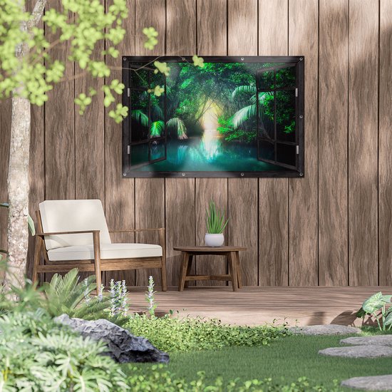 Gards Tuinposter Doorkijk Tropische Jungle met een Turquoise Meer - 120x80 cm - Tuindoek - Tuindecoratie - Wanddecoratie buiten - Tuinschilderij