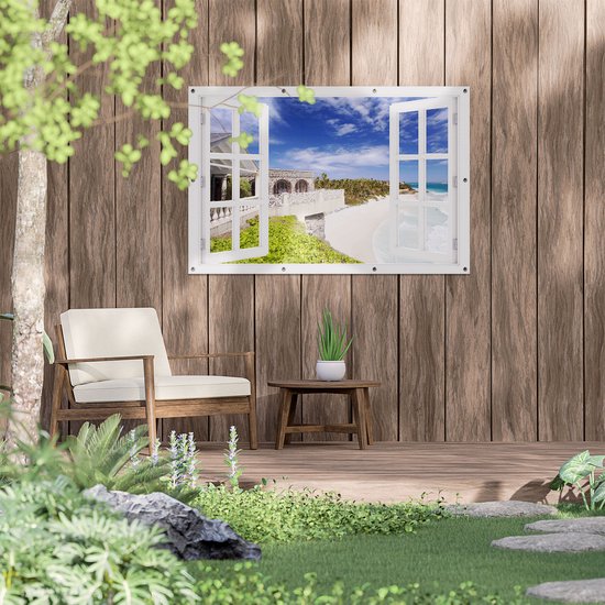 Gards Tuinposter Doorkijk Het Strandhuis - 120x80 cm - Tuindoek - Tuindecoratie - Wanddecoratie buiten - Tuinschilderij