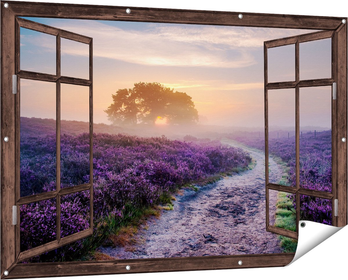 Gards Tuinposter Doorkijk Pad in de Weide van de Veluwe - 150x100 cm - Tuindoek - Tuindecoratie - Wanddecoratie buiten - Tuinschilderij donker bruin