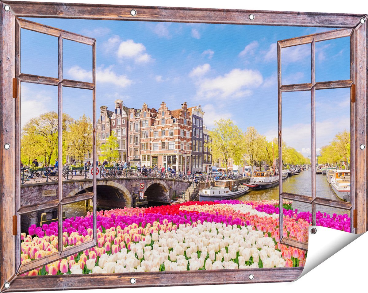 Gards Tuinposter Doorkijk Amsterdamse Huisjes aan de Grachten - 120x80 cm - Tuindoek - Tuindecoratie - Wanddecoratie buiten - Tuinschilderij Bruin
