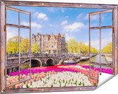 Gards Tuinposter Doorkijk Amsterdamse Huisjes aan de Grachten - 120x80 cm - Tuindoek - Tuindecoratie - Wanddecoratie buiten - Tuinschilderij