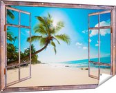 Gards Tuinposter Doorkijk Tropisch Strand en Zee in Sri Lanka - 150x100 cm - Tuindoek - Tuindecoratie - Wanddecoratie buiten - Tuinschilderij