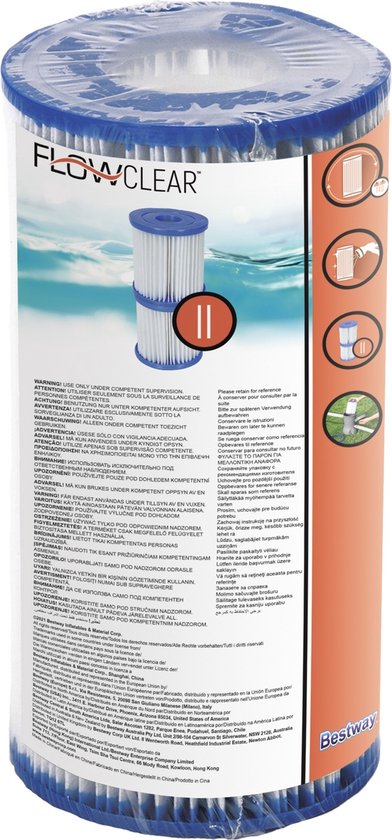 Verpakking van Bestway Flowclear zwembadfilters, type II. De verpakking toont een zwemmend meisje.