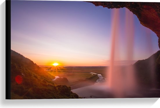 Canvas - Achter een Waterval in het Natuur Landschap van IJsland - 60x40 cm Foto op Canvas Schilderij (Wanddecoratie op Canvas)